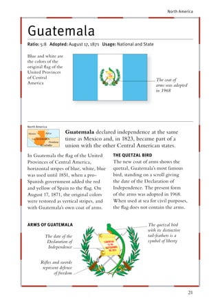 North America




Guatemala
Ratio: 5:8 Adopted: August 17, 1871 Usage: National and State

Blue and white are
the colors of the
original ﬂag of the
United Provinces
of Central
                                                                The coat of
America
                                                                arms was adopted
                                                                in 1968




North America
                      Guatemala declared independence at the same
                      time as Mexico and, in 1823, became part of a
                      union with the other Central American states.
In Guatemala the ﬂag of the United        THE QUETZAL BIRD
Provinces of Central America,             The new coat of arms shows the
horizontal stripes of blue, white, blue   quetzal, Guatemala’s most famous
was used until 1851, when a pro-          bird, standing on a scroll giving
Spanish government added the red          the date of the Declaration of
and yellow of Spain to the ﬂag. On        Independence. The present form
August 17, 1871, the original colors      of the arms was adopted in 1968.
were restored as vertical stripes, and    When used at sea for civil purposes,
with Guatemala’s own coat of arms.        the ﬂag does not contain the arms.


ARMS OF GUATEMALA                                         The quetzal bird
                                                          with its distinctive
           The date of the                                tail-feathers is a
            Declaration of                                symbol of liberty
            Independence


        Riﬂes and swords
         represent defence
                of freedom



                                                                                   21
 
