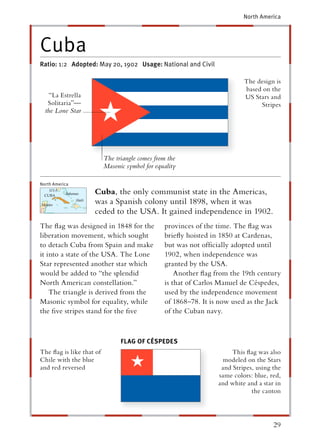 North America




Cuba
Ratio: 1:2 Adopted: May 20, 1902 Usage: National and Civil

                                                                          The design is
                                                                          based on the
   “La Estrella                                                           US Stars and
   Solitaria”—                                                                 Stripes
  the Lone Star




                          The triangle comes from the
                          Masonic symbol for equality

North America
                    Cuba, the only communist state in the Americas,
                    was a Spanish colony until 1898, when it was
                    ceded to the USA. It gained independence in 1902.
The ﬂag was designed in 1848 for the            provinces of the time. The ﬂag was
liberation movement, which sought               brieﬂy hoisted in 1850 at Cardenas,
to detach Cuba from Spain and make              but was not ofﬁcially adopted until
it into a state of the USA. The Lone            1902, when independence was
Star represented another star which             granted by the USA.
would be added to “the splendid                     Another ﬂag from the 19th century
North American constellation.”                  is that of Carlos Manuel de Céspedes,
    The triangle is derived from the            used by the independence movement
Masonic symbol for equality, while              of 1868–78. It is now used as the Jack
the ﬁve stripes stand for the ﬁve               of the Cuban navy.



                                FLAG OF CÉSPEDES
The ﬂag is like that of                                               This ﬂag was also
Chile with the blue                                               modeled on the Stars
and red reversed                                                  and Stripes, using the
                                                                 same colors: blue, red,
                                                                 and white and a star in
                                                                             the canton




                                                                                     29
 