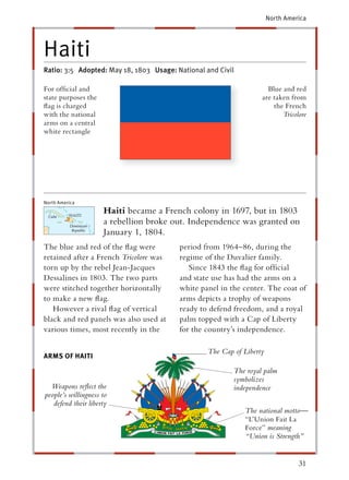 North America




Haiti
Ratio: 3:5 Adopted: May 18, 1803 Usage: National and Civil

For ofﬁcial and                                                      Blue and red
state purposes the                                                 are taken from
ﬂag is charged                                                         the French
with the national                                                         Tricolore
arms on a central
white rectangle




North America
                     Haiti became a French colony in 1697, but in 1803
                     a rebellion broke out. Independence was granted on
                     January 1, 1804.
The blue and red of the ﬂag were         period from 1964–86, during the
retained after a French Tricolore was    regime of the Duvalier family.
torn up by the rebel Jean-Jacques           Since 1843 the ﬂag for ofﬁcial
Dessalines in 1803. The two parts        and state use has had the arms on a
were stitched together horizontally      white panel in the center. The coat of
to make a new ﬂag.                       arms depicts a trophy of weapons
   However a rival ﬂag of vertical       ready to defend freedom, and a royal
black and red panels was also used at    palm topped with a Cap of Liberty
various times, most recently in the      for the country’s independence.

                                                  The Cap of Liberty
ARMS OF HAITI

                                                          The royal palm
                                                          symbolizes
  Weapons reﬂect the                                      independence
people’s willingness to
   defend their liberty
                                                             The national motto—
                                                             “L’Union Fait La
                                                             Force” meaning
                                                             “Union is Strength”


                                                                                 31
 