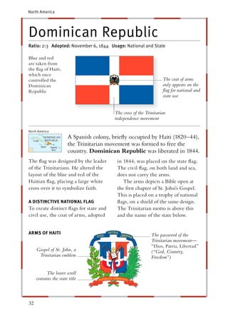 North America




Dominican Republic
Ratio: 2:3 Adopted: November 6, 1844 Usage: National and State

Blue and red
are taken from
the ﬂag of Haiti,
which once
controlled the                                                      The coat of arms
Dominican                                                           only appears on the
Republic                                                            ﬂag for national and
                                                                    state use


                                          The cross of the Trinitarian
                                          independence movement

North America
                        A Spanish colony, brieﬂy occupied by Haiti (1820–44),
                        the Trinitarian movement was formed to free the
                        country. Dominican Republic was liberated in 1844.
The ﬂag was designed by the leader         in 1844, was placed on the state ﬂag.
of the Trinitarians. He altered the        The civil ﬂag, on both land and sea,
layout of the blue and red of the          does not carry the arms.
Haitian ﬂag, placing a large white            The arms depicts a Bible open at
cross over it to symbolize faith.          the ﬁrst chapter of St. John’s Gospel.
                                           This is placed on a trophy of national
A DISTINCTIVE NATIONAL FLAG                ﬂags, on a shield of the same design.
To create distinct ﬂags for state and      The Trinitarian motto is above this
civil use, the coat of arms, adopted       and the name of the state below.


ARMS OF HAITI                                                 The password of the
                                                              Trinitarian movement—
                                                              “Dios, Patria, Libertad ”
     Gospel of St. John, a                                    (“God, Country,
      Trinitarian emblem                                      Freedom”)


           The lower scroll
     contains the state title



32
 