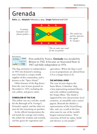 North America




Grenada
Ratio: 3:5 Adopted: February 7, 1974 Usage: National and Civil



           A nutmeg,
       Grenada’s most
       famous product                                                  The central star
                                                                       and disc represent
                                                                       the capital
                                                                       St. George’s


                                           The six outer stars stand
                                           for the six parishes

North America
 St. Vincent &
The Grenadines          First settled by France, Grenada was invaded by
                        Britain in 1762. It became an Associated State in
                        1967 and fully independent in 1974.
The ﬂag used prior to independence          agriculture. When the ﬂag is used
in 1967 also featured a nutmeg,             at sea its proportions are altered from
since Grenada is a major world              3:5 to a longer form (1:2).
supplier of this commodity, and is
known as the “Spice Island.”                THE NATIONAL ARMS
   Other features of the ﬂag derive         The coat of arms depicts the
from the coat of arms granted on            Santa Maria, Columbus’ ship,
December 6, 1973, including the             a lion representing national liberty,
red, yellow, and green colors.              and a lily emblem symbolizing
                                            the Virgin Mary. The shield is
SYMBOLISM OF THE FLAG                       supported by two characteristic local
The yellow star on a red disc stands        creatures, an armadillo and a ramier
for the Borough of St. George’s,            pigeon. Beneath the shield is a
Grenada’s capital, and the other six        representation of the Grand Etang
stars for the remaining six parishes.       lake, and, on a scroll at the base,
   In the ofﬁcial interpretation the        what must be one of the world’s
red stands for courage and vitality,        longest national mottos: “Ever
the yellow for wisdom and warmth,           conscious of God we aspire, build
and the green for vegetation and            and advance as one people.”


                                                                                        39
 