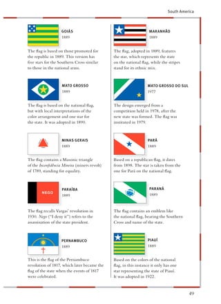 South America



                   GOIÁS                                          MARANHÃO
                   1889                                           1889


The ﬂag is based on those promoted for        The ﬂag, adopted in 1889, features
the republic in 1889. This version has        he star, which represents the state
ﬁve stars for the Southern Cross similar       n the national ﬂag, while the stripes
to those in the national arms.                 and for its ethnic mix.



                   MATO GROSSO                                   MATO GROSSO DO SUL
                   1889                                          1977


The ﬂag is based on the national ﬂag,         The design emerged from a
but with local interpretations of the          ompetition held in 1978, after the
color arrangement and one star for             ew state was formed. The ﬂag was
the state. It was adopted in 1890.            nstituted in 1979.



                   MINAS GERAIS                                  PARÁ
                   1889                                          1889


The ﬂag contains a Masonic triangle            ased on a republican ﬂag, it dates
of the Inconﬁdência Mineira (miners revolt)   rom 1898. The star is taken from the
of 1789, standing for equality.                ne for Pará on the national ﬂag.



                   PARAÍBA                                        PARANÁ
                   1889                                           1889



The ﬂag recalls Vargas’ revolution in         The ﬂag contains an emblem like
1930. Nego (“I deny it”) refers to the        he national ﬂag, bearing the Southern
assassination of the state president.         Cross and name of the state.



                   PERNAMBUCO                                    PIAUÍ
                   1889                                          1889


This is the ﬂag of the Pernambuco              ased on the colors of the national
revolution of 1817, which later became the     ag, in this instance it only has one
ﬂag of the state when the events of 1817       ar representing the state of Piauí.
were celebrated.                              t was adopted in 1922.


                                                                                       49
 