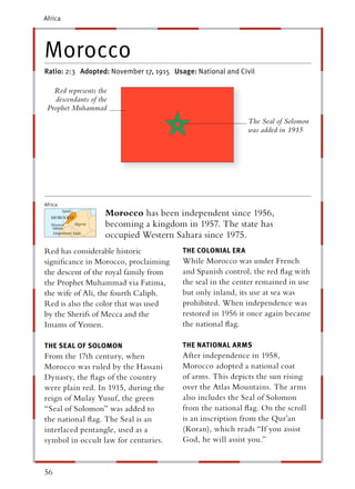Africa




Morocco
Ratio: 2:3 Adopted: November 17, 1915 Usage: National and Civil

   Red represents the
    descendants of the
 Prophet Muhammad
                                                              The Seal of Solomon
                                                              was added in 1915




Africa
         Spain
   MOROCC
       CC
       CCO
                         Morocco has been independent since 1956,
   Western
        rn
   Sahara
        ra
               Algeria   becoming a kingdom in 1957. The state has
    Mauritania Mali
       urit
       uri
       u         li
                  i
                         occupied Western Sahara since 1975.
Red has considerable historic              THE COLONIAL ERA
signiﬁcance in Morocco, proclaiming        While Morocco was under French
the descent of the royal family from       and Spanish control, the red ﬂag with
the Prophet Muhammad via Fatima,           the seal in the center remained in use
the wife of Ali, the fourth Caliph.        but only inland, its use at sea was
Red is also the color that was used        prohibited. When independence was
by the Sherifs of Mecca and the            restored in 1956 it once again became
Imams of Yemen.                            the national ﬂag.

THE SEAL OF SOLOMON                        THE NATIONAL ARMS
From the 17th century, when                After independence in 1958,
Morocco was ruled by the Hassani           Morocco adopted a national coat
Dynasty, the ﬂags of the country           of arms. This depicts the sun rising
were plain red. In 1915, during the        over the Atlas Mountains. The arms
reign of Mulay Yusuf, the green            also includes the Seal of Solomon
“Seal of Solomon” was added to             from the national ﬂag. On the scroll
the national ﬂag. The Seal is an           is an inscription from the Qur’an
interlaced pentangle, used as a            (Koran), which reads “If you assist
symbol in occult law for centuries.        God, he will assist you.”


56
 