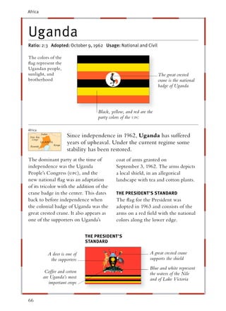 Africa




Uganda
Ratio: 2:3 Adopted: October 9, 1962 Usage: National and Civil

The colors of the
ﬂag represent the
Ugandan people,
sunlight, and                                                       The great crested
brotherhood                                                         crane is the national
                                                                    badge of Uganda




                                   Black, yellow, and red are the
                                   party colors of the UPC

Africa
                     Since independence in 1962, Uganda has suffered
                     years of upheaval. Under the current regime some
                     stability has been restored.
The dominant party at the time of           coat of arms granted on
independence was the Uganda                 September 3, 1962. The arms depicts
People’s Congress (upc), and the            a local shield, in an allegorical
new national ﬂag was an adaptation          landscape with tea and cotton plants.
of its tricolor with the addition of the
crane badge in the center. This dates        THE PRESIDENT’S STANDARD
                                                              T
back to before independence when             The ﬂag for the President was
the colonial badge of Uganda was the         adopted in 1963 and consists of the
great crested crane. It also appears as      arms on a red ﬁeld with the national
one of the supporters on Uganda’s            colors along the lower edge.


                              THE PRESIDENT’S
                              STANDARD
                               T

           A deer is one of                                    A great crested crane
            the supporters                                     supports the shield
                                                               Blue and white represent
          Coffee and cotton                                    the waters of the Nile
         are Uganda’s most                                     and of Lake Victoria
            important crops


66
 