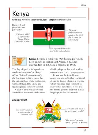 Africa




Kenya
Ratio: 2:3 Adopted: December 12, 1963 Usage: National and Civil

Black, red, and
green are kanu
party colors                                                            The white
                                                                        ﬁmbriations were
    White was added                                                     added to the KANU
     to represent the                                                   ﬂag to create the
      Kenya African                                                     national ﬂag
   Democratic Union


                                                 The African shield is also
                                                 used in the national arms

Africa
 Sud
 Su
 Sudan      Ethiopia
                               Kenya became a colony in 1920 having previously
                           a
                        ali




  Uga
   ga
   ganda
                       m




           KENYA       So
                               been known as British East Africa. It became
    Tanzania
                               independent in 1963 and a republic in 1964.
The ﬂag adopted at independence                  shield and spears, but with a white
was based on that of the Kenya                   rooster in the center, grasping an ax.
Africa National Union (kanu);                       Kenya was the ﬁrst African
the dominant political party. For                country to use a shield of traditional
the national ﬂag, white ﬁmbriations              design in its coat of arms, a practice
were added, and the shield and                   which has since been followed in
spears replaced the party symbol.                many other new states. It was also
   A coat of arms was adopted in                 the ﬁrst to give the motto in a local
1963 which makes use of the same                 language, in this case Swahili.


ARMS OF KENYA
           Y



                                                                    The rooster with an ax is
         The shield stands on
                                                                    the KANU party symbol
                                                                           U
           a representation of
               Mount Kenya

                                                                    “Harambee” meaning
                                                                    “Pull Together” in Swahili


                                                                                            67
 
