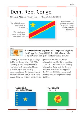 Africa




Dem. Rep. Congo
Ratio: 2:3 Adopted: February 18, 2006 Usage: National and Civil

                                                                A blue ﬂag with a
The gold ﬁmbriations                                           yellow star was the
     suggest hope in                                            ﬂag of the Congo
          the future                                               Free State from
                                                                        1877-1908
     The red diagonal
  represents the blood
    shed in civil wars.




Africa
CAR
         DEM. REP.
              REP
                      The Democratic Republic of Congo was originally
          CONGOO
Congo
   go
    o
                      the Congo Free State (1880). In 1908 it became the
   Angola
    n        Zam
             Zambia
                      Belgian Congo and gained independence in 1960.
The ﬂag of the Dem. Rep. of Congo        provinces. In 1964 the design
is like the design used 1964-1971.       changed to one like the present ﬂag.
The ﬂag of the Congo Free State             In 1971, the name of the country
was blue, with a central gold star.      changed to Zaïre, and the ﬂag was
Under Belgian rule this ﬂag              based on that of the ruling party.
remained, beside the Belgian ﬂag. At     In 1997 the 1960 ﬂag was restored,
independence in 1960, six stars were     but replaced by the present design
added down the hoist for the then six    in 2006.




           FLAG OF CONGO                      FLAG OF ZAï RE
                                                       A
           1960—1964 AND 1997—                1971—1997




                                                                               71
 