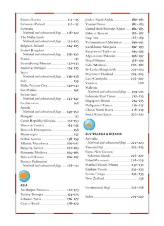 Estonia/Latvia .......................................... 114–115                        Jordan/Saudi Arabia ............................ 180–181
Lithuania/Poland ................................... 116–117                             Yemen/Oman ......................................... 182–183
Germany                                                                                  United Arab Emirates/Qatar ........ 184–185
  National and subnational ﬂags ....... 118–120                                          Bahrain/Kuwait .................................... 186–187
The Netherlands                                                                          Iraq/Iran ..................................................... 188–189
  National and subnational ﬂags ....... 121–123                                          Turkmenistan/Uzbekistan .............. 190–191
Belgium/Ireland .................................... 124–125                             Kazakhstan/Mongolia ....................... 192–193
United Kingdom                                                                           Kyrgyzstan/Tajikistan ........................ 194–195
  National and subnational ﬂags ...... 126–130                                           Afghanistan/Pakistan ......................... 196–197
France ........................................................................ 131      Nepal/Bhutan ......................................... 198–199
Luxembourg/Monaco ........................ 132–133                                       India/Maldives ...................................... 200–201
Andorra/Portugal ................................. 134–135                               Sri Lanka/Bangladesh ...................... 202–203
Spain                                                                                    Myanmar/Thailand ............................ 204–205
  National and subnational ﬂags ....... 136–138
                                                                                         Laos/Cambodia .................................... 206–207
Italy ............................................................................ 139
                                                                                         Vietnam ................................................................. 208
Malta/Vatican City .............................. 140–141
                                                                                         Malaysia
San Marino ........................................................... 142                 National and subnational ﬂags ...... 209–211
Switzerland                                                                              Indonesia/East Timor ........................ 212–213
  National and subnational ﬂags ....... 143–147
                                                                                         Singapore/Brunei ................................. 214–215
Liechtenstein ....................................................... 148
                                                                                         Philippines/Taiwan ............................. 216–217
Austria
                                                                                         China/North Korea ........................... 218–219
  National and subnational ﬂags ....... 149–150
                                                                                         South Korea/Japan .............................. 220–221
Hungary .................................................................. 151
Czech Republic/Slovakia ................ 152–153
Slovenia/Croatia ..................................... 154–155
Bosnia & Herzegovina ................................... 156
Montenegro .......................................................... 157                AUSTRALASIA & OCEANIA
Serbia/Kosovo ......................................... 158–159                          Australia
Albania/Macedonia ............................. 160–161                                   National and subnational ﬂags ...... 222–223
Bulgaria/Greece ..................................... 162–163                            Vanuatu/Fiji ............................................. 224–225
Romania/Moldova .............................. 164–165                                   Papua New Guinea/
Belarus/Ukraine .................................... 166–167                              Solomon Islands ................................ 226–227
Russian Federation                                                                       Palau/Micronesia ................................ 228–229
  National and subnational ﬂags ....... 168–171                                          Marshall Islands/Nauru ................... 230–231
                                                                                         Kiribati/Tuvalu ..................................... 232–233
                                                                                         Samoa/Tonga .......................................... 234–235
                                                                                         New Zealand ....................................................... 236

ASIA
                                                                                         International ﬂags                      ................................   237–238
Azerbaijan/Armenia ............................ 172–173
Turkey/Georgia ...................................... 174–175
                                                                                         Index      ............................................................    239–240
Lebanon/Syria ......................................... 176–177
Cyprus/Israel ........................................... 178–179
 