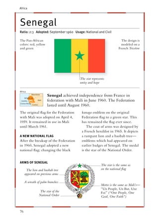 Africa




Senegal
Ratio: 2:3 Adopted: September 1960 Usage: National and Civil

The Pan-African                                                        The design is
colors: red, yellow                                                    modeled on a
and green                                                            French Tricolore




                                        The star represents
                                        unity and hope

Africa
                      Senegal achieved independence from France in
                      federation with Mali in June 1960. The Federation
                      lasted until August 1960.
The original ﬂag for the Federation      kanaga emblem on the original
with Mali was adopted on April 4,        Federation ﬂag to a green star. This
1959. It remained in use in Mali         has remained the ﬂag ever since.
until March 1961.                            The coat of arms was designed by
                                         a French heraldist in 1965. It depicts
A NEW NATIONAL FLAG                      a rampant lion and a baobab tree—
After the breakup of the Federation      emblems which had appeared on
in 1960, Senegal adopted a new           earlier badges of Senegal. The medal
national ﬂag; changing the black         is the star of the National Order.


ARMS OF SENEGAL
                                                        The star is the same as
      The lion and baobab tree                          on the national ﬂag
     appeared on previous arms

     A wreath of palm branches
                                                        Motto is the same as Mali’s—
                                                        “Un Peuple, Un But, Une
               The star of the                          Foi ” (“One People, One
               National Order                           Goal, One Faith”)



76
 
