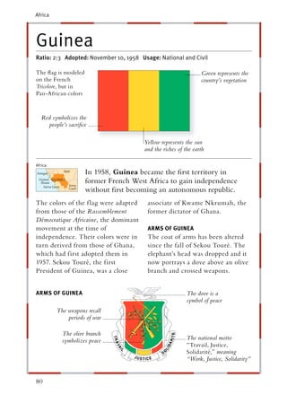 Africa




Guinea
Ratio: 2:3 Adopted: November 10, 1958 Usage: National and Civil

The ﬂag is modeled                                              Green represents the
on the French                                                   country’s vegetation
Tricolore, but in
Pan-African colors



   Red symbolizes the
     people’s sacriﬁce

                                       Yellow represents the sun
                                       and the riches of the earth

Africa
                     In 1958, Guinea became the ﬁrst territory in
                     former French West Africa to gain independence
                     without ﬁrst becoming an autonomous republic.
The colors of the f lag were adapted    associate of Kwame Nkrumah, the
from those of the Rassemblement         former dictator of Ghana.
Démocratique Africaine, the dominant
movement at the time of                 ARMS OF GUINEA
independence. Their colors were in      The coat of arms has been altered
turn derived from those of Ghana,       since the fall of Sekou Touré. The
which had f irst adopted them in        elephant’s head was dropped and it
1957. Sekou Touré, the f irst           now portrays a dove above an olive
President of Guinea, was a close        branch and crossed weapons.


ARMS OF GUINEA                                            The dove is a
                                                          symbol of peace
         The weapons recall
             periods of war

           The olive branch
           symbolizes peace                               The national motto
                                                          “Travail, Justice,
                                                          Solidarité,” meaning
                                                          “Work, Justice, Solidarity”


80
 