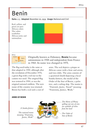 Africa




Benin
Ratio: 2:3 Adopted: November 16, 1959 Usage: National and Civil

Red, yellow, and
green are pan-
African colors
The colors
symbolize
African unity and
nationalism




Africa
                      Originally known as Dahomey, Benin became
                      autonomous in 1958 and independent from France
                      in 1960. Its name was changed in 1975.
The ﬂag used today is the same as        arms. The seal depicts a pirogue or
that adopted in 1959, although after     African canoe with a bow and arrow,
the revolution of December 1975,         and two clubs. The arms consists of
a green ﬂag with a red star in the       a quartered shield depicting a local
canton was used. The original ﬂag        Somba fortress, the medal of the
was restored in 1990, as was the         Order of the Star of Benin, a palm
original national emblem. The new        tree, and a sailing ship. The motto is
name of the country was retained.        “Fraternité, Justice, Travail” meaning
Benin has both a seal and a coat of      “Fraternity, Justice, Work.”


ARMS OF BENIN

                                                       The Horns of Plenty
                                                       spilling out ears of corn
                                                       are symbolic of riches
            A Somba fortress                           from the land
          The national motto                           The Order of
         meaning “Fraternity,                          Star of Benin
              Justice, Work”



                                                                                   87
 