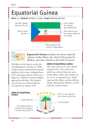 Africa




Equatorial Guinea
Ratio: 2:3 Adopted: October 12, 1968 Usage: National and Civil

         The blue triangle                                            Green reﬂects
         represents the sea                                           the country’s
                                                                      agricultural lands
             White stands                                             The national arms
                for peace                                             have always appeared
                                                                      on the ﬂag



                                             Red symbolizes the
                                             country’s independence

Africa
                          Equatorial Guinea includes the former Spanish
                          colonies of Río Muni, the island of Fernando Po
                          (Bioko), and other islands in the Gulf of Guinea.
The ﬂag was ﬁrst shown on the day             ARMS OF EQUATORIAL GUINEA
of independence, October 12, 1968,            The arms consists of a silver shield
and has always contained the national         charged with a silk-cotton tree,
emblem in the center, although from           which was derived from the arms
1972, during the regime of Francisco          of Río Muni. Above the shield is an
Nguema, a different national emblem           arc of six, six-pointed stars, which
appeared on the ﬂag. The original             represent Río Muni and the offshore
coat of arms was restored after he            islands. Beneath the shield is a scroll
was deposed in August 1979.                   with the national motto.


ARMS OF EQUATORIAL
GUINEA                                                      The six stars stand for
                                                            the six parts of the state
                A silk-cotton tree
                                                            A silver shield
        The national motto—
      “Unidad, Paz, Justicia”
     (“Unity, Peace, Justice”)




90
 