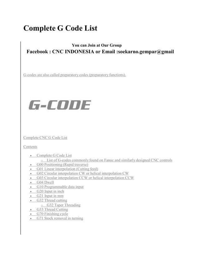 Complete G Code List for CNC Machining | PDF