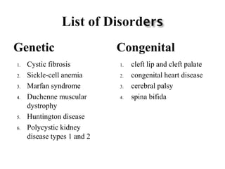 Genetic Congenital
1. Cystic fibrosis
2. Sickle-cell anemia
3. Marfan syndrome
4. Duchenne muscular
dystrophy
5. Huntington disease
6. Polycystic kidney
disease types 1 and 2
1. cleft lip and cleft palate
2. congenital heart disease
3. cerebral palsy
4. spina bifida
 