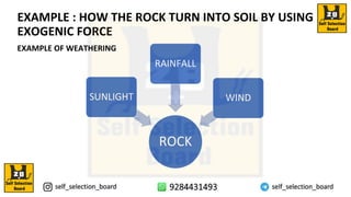 EXAMPLE : HOW THE ROCK TURN INTO SOIL BY USING
EXOGENIC FORCE
ROCK
SUNLIGHT
RAINFALL
WIND
EXAMPLE OF WEATHERING
 
