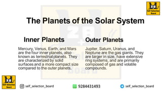 The Planets of the Solar System
Inner Planets
Mercury, Venus, Earth, and Mars
are the four inner planets, also
known as terrestrial planets. They
are characterized by solid
surfaces and a more compact size
compared to the outer planets.
Outer Planets
Jupiter, Saturn, Uranus, and
Neptune are the gas giants. They
are larger in size, have extensive
ring systems, and are primarily
composed of gas and volatile
compounds.
 