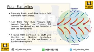Polar Easterlies
• These dry & cold winds flow in Polar Cells
in both the hemispheres.
• Flow from Polar High Pressure Belts
towards Sub-polar Low Pressure Belt
between 90° (Poles) and 60° latitudes in
both the hemispheres.
• It blows from north-east to south-west
direction in Northern Hemisphere
and south-east to the north-west in
Southern Hemisphere.
 