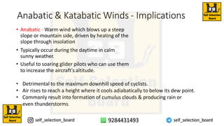 Anabatic & Katabatic Winds - Implications
• Anabatic - Warm wind which blows up a steep
slope or mountain side, driven by heating of the
slope through insolation
• Typically occur during the daytime in calm
sunny weather.
• Useful to soaring glider pilots who can use them
to increase the aircraft's altitude.
• Detrimental to the maximum downhill speed of cyclists.
• Air rises to reach a height where it cools adiabatically to below its dew point.
• Commonly result into formation of cumulus clouds & producing rain or
even thunderstorms.
 