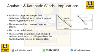Anabatic & Katabatic Winds - Implications
• Katabatic - Originates at night from
radiational cooling of air on top of a plateau,
mountain, glacier, or a hill
• The dense air drains downwards under
gravity.
• Also known as Fall winds
• In areas where fall winds occur, homes and
orchards are situated on hillslopes above the
lowlands where the cold air accumulates.
 
