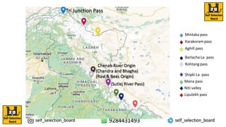 Mintaka pass
Karakoram pass
Aghill pass
Shipki La pass
Mana pass
Niti valley
Lipulekh pass
Barlacha La pass
Rohtang pass
Tri Junction Pass
Chenab River Origin
(Chandra and Bhagha)
(Ravi & Beas Origin)
(Sutlej River Pass)
 