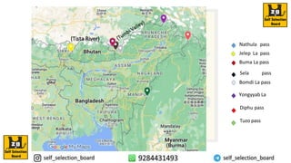 Nathula pass
Jelep La pass
Buma La pass
Sela pass
Bomdi La pass
Yongyyab La
Diphu pass
Tuzo pass
(Tista River)
 