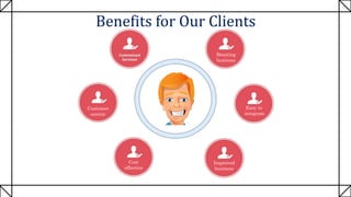 Benefits for Our Clients
Customer
centric
Cost
effective
Improved
business
Easy to
integrate
Boosting
business
 