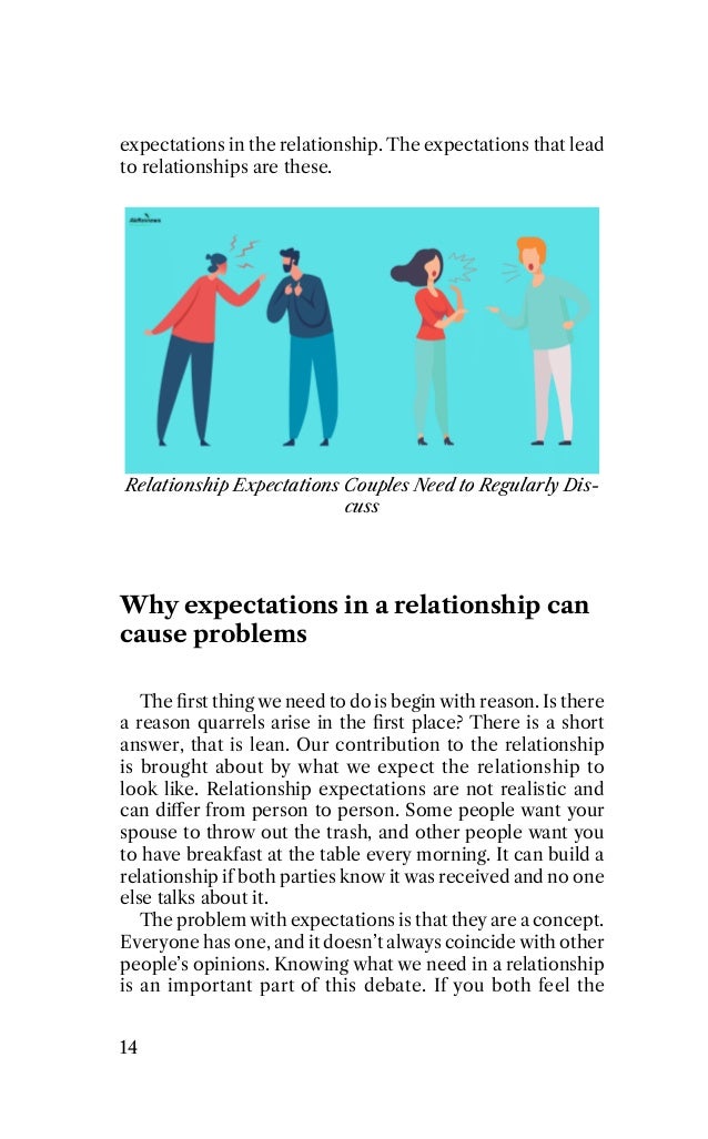 expectations in the relationship. The expectations that lead
to relationships are these.
Relationship Expectations Couples Need to Regularly Dis-
cuss
Why expectations in a relationship can
cause problems
The ﬁrst thing we need to do is begin with reason. Is there
a reason quarrels arise in the ﬁrst place? There is a short
answer, that is lean. Our contribution to the relationship
is brought about by what we expect the relationship to
look like. Relationship expectations are not realistic and
can diﬀer from person to person. Some people want your
spouse to throw out the trash, and other people want you
to have breakfast at the table every morning. It can build a
relationship if both parties know it was received and no one
else talks about it.
The problem with expectations is that they are a concept.
Everyone has one, and it doesn’t always coincide with other
people’s opinions. Knowing what we need in a relationship
is an important part of this debate. If you both feel the
14
 