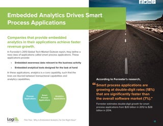 Embedded Analytics Drives Smart
Process Applications
Companies that provide embedded
analytics in their applications achieve faster
revenue growth.
In Forrester’s 2013 Global Tech Market Outlook report, they define a
new class of applications called smart process applications. These
applications provide:
•	 Embedded awareness data relevant to the business activity
•	 Embedded analytical tools designed for the task at hand
In these applications, analytics is a core capability, such that the
lines are blurred between transactional capabilities and
analytics capabilities.

Process
Applications

Smart
Process
Applications

Analytics
Applications

According to Forrester’s research,

Smart process applications are
growing at double-digit rates (18%)
that are significantly faster than
the overall software market (7%).”
Forrester estimates double-digit growth for smart
process applications from $20 billion in 2012 to $28
billion in 2014.

Part Two: Why is Embedded Analytics So Hot Right Now?

11

 