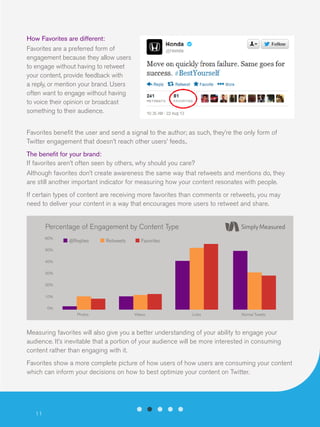 How Favorites are different:
Favorites are a preferred form of
engagement because they allow users
to engage without having to retweet
your content, provide feedback with
a reply, or mention your brand. Users
often want to engage without having
to voice their opinion or broadcast
something to their audience.
Favorites benefit the user and send a signal to the author; as such, they’re the only form of
Twitter engagement that doesn’t reach other users’ feeds..
The benefit for your brand:
If favorites aren’t often seen by others, why should you care?
Although favorites don’t create awareness the same way that retweets and mentions do, they
are still another important indicator for measuring how your content resonates with people.
If certain types of content are receiving more favorites than comments or retweets, you may
need to deliver your content in a way that encourages more users to retweet and share.

Percentage of Engagement by Content Type
60%

@Replies

Retweets

Favorites

50%
40%
30%
20%
10%
0%
Photos

Videos

Links

Normal Tweets

Measuring favorites will also give you a better understanding of your ability to engage your
audience. It’s inevitable that a portion of your audience will be more interested in consuming
content rather than engaging with it.
Favorites show a more complete picture of how users of how users are consuming your content
which can inform your decisions on how to best optimize your content on Twitter.

11

 