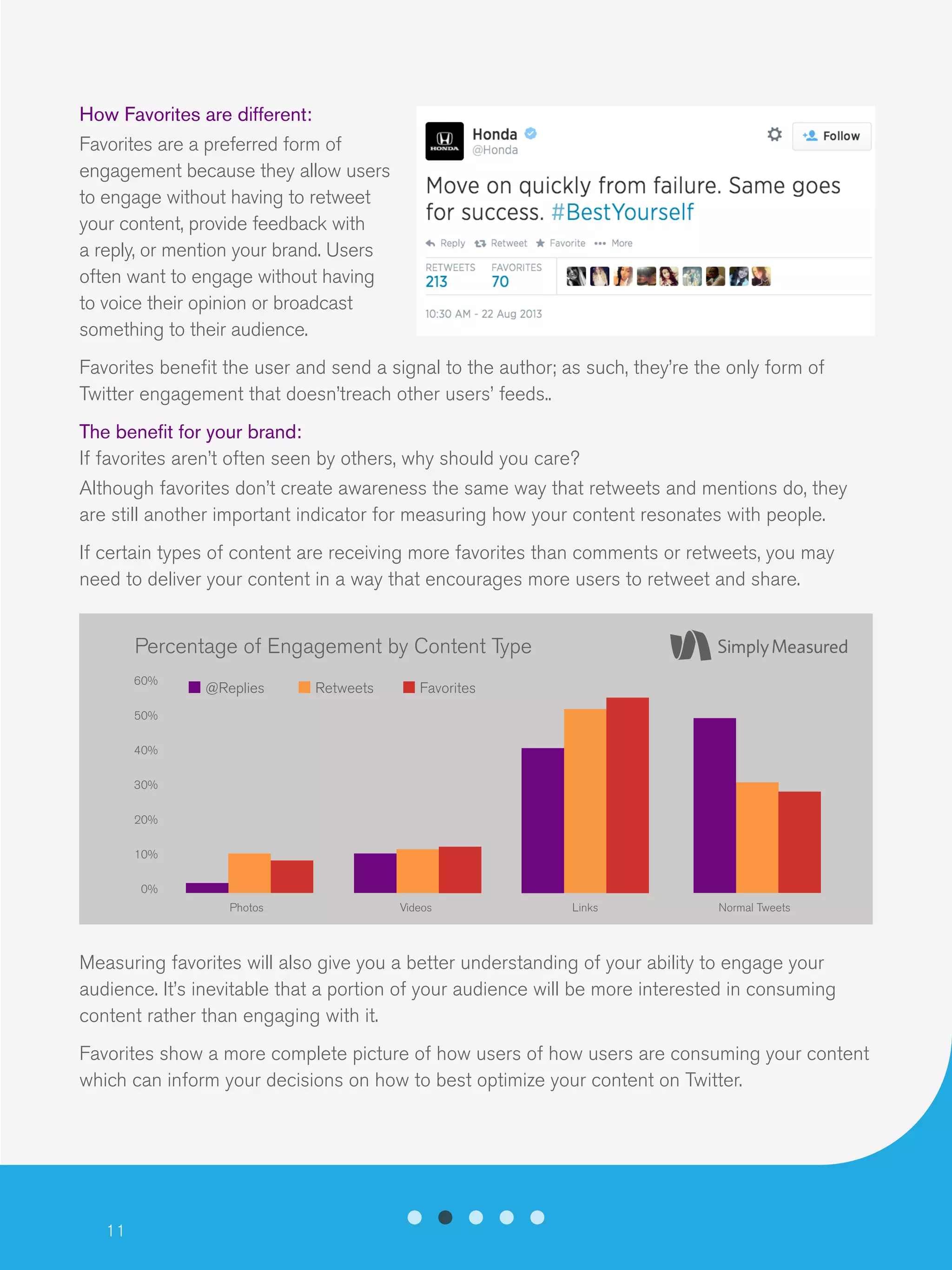 11
How Favorites are different:
Favorites are a preferred form of
engagement because they allow users
to engage without having to retweet
your content, provide feedback with
a reply, or mention your brand. Users
often want to engage without having
to voice their opinion or broadcast
something to their audience.
Favorites benefit the user and send a signal to the author; as such, they’re the only form of
Twitter engagement that doesn’treach other users’ feeds..
The benefit for your brand:
If favorites aren’t often seen by others, why should you care?
Although favorites don’t create awareness the same way that retweets and mentions do, they
are still another important indicator for measuring how your content resonates with people.
If certain types of content are receiving more favorites than comments or retweets, you may
need to deliver your content in a way that encourages more users to retweet and share.
Measuring favorites will also give you a better understanding of your ability to engage your
audience. It’s inevitable that a portion of your audience will be more interested in consuming
content rather than engaging with it.
Favorites show a more complete picture of how users of how users are consuming your content
which can inform your decisions on how to best optimize your content on Twitter.
60%
50%
40%
30%
20%
10%
0%
Percentage of Engagement by Content Type
@Replies Retweets Favorites
Photos Videos Links Normal Tweets
 