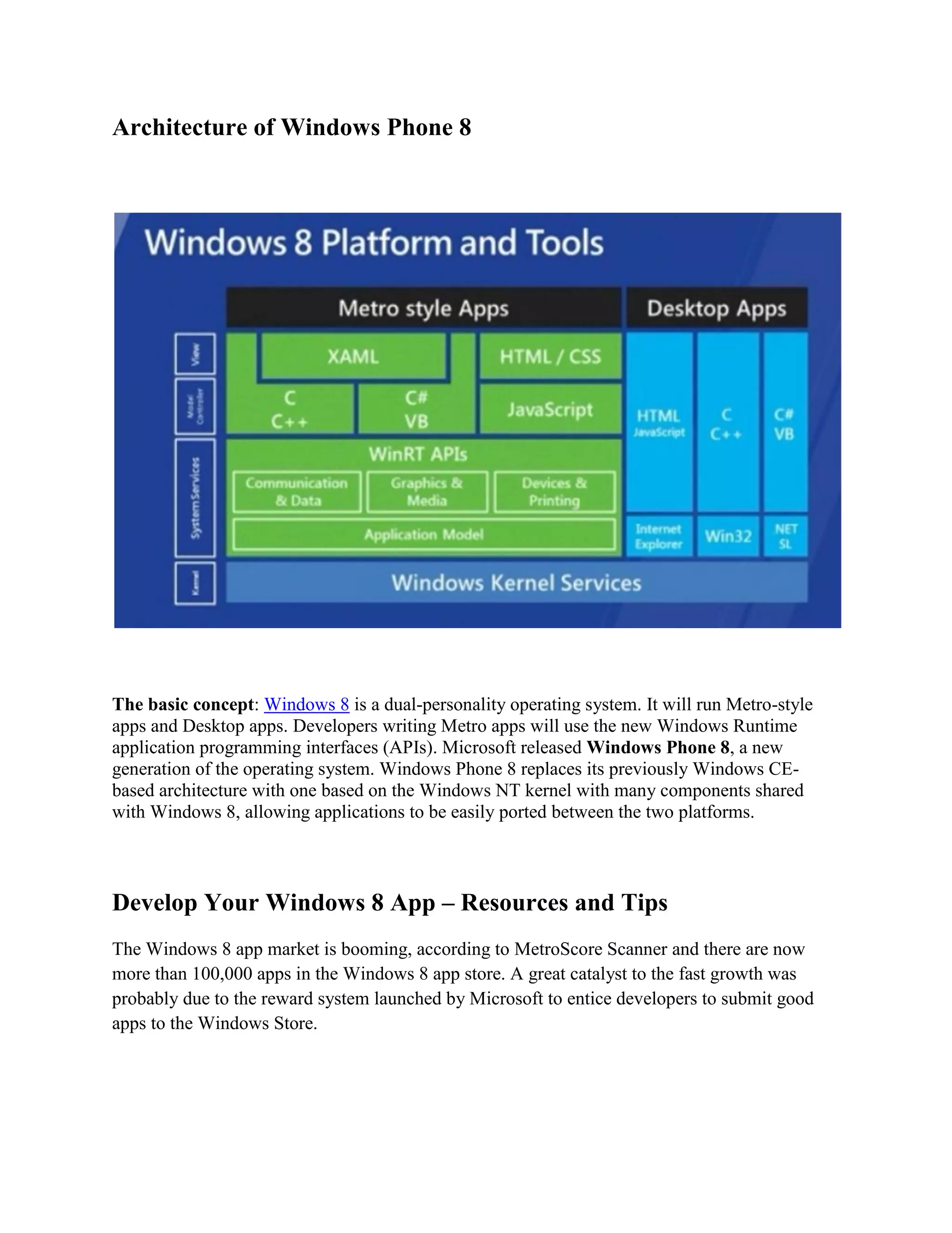 Architecture of Windows Phone 8
The basic concept: Windows 8 is a dual-personality operating system. It will run Metro-style
apps and Desktop apps. Developers writing Metro apps will use the new Windows Runtime
application programming interfaces (APIs). Microsoft released Windows Phone 8, a new
generation of the operating system. Windows Phone 8 replaces its previously Windows CE-
based architecture with one based on the Windows NT kernel with many components shared
with Windows 8, allowing applications to be easily ported between the two platforms.
Develop Your Windows 8 App – Resources and Tips
The Windows 8 app market is booming, according to MetroScore Scanner and there are now
more than 100,000 apps in the Windows 8 app store. A great catalyst to the fast growth was
probably due to the reward system launched by Microsoft to entice developers to submit good
apps to the Windows Store.
 