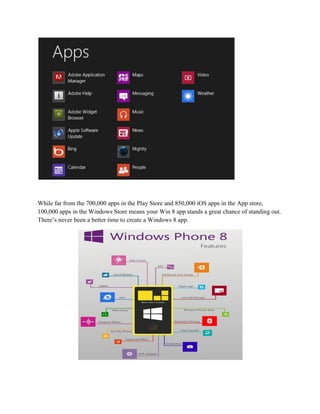 While far from the 700,000 apps in the Play Store and 850,000 iOS apps in the App store,
100,000 apps in the Windows Store means your Win 8 app stands a great chance of standing out.
There’s never been a better time to create a Windows 8 app.
 