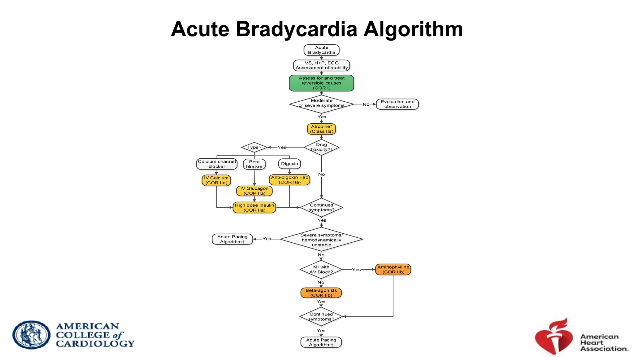 Acute Bradycardia Algorithm
Acute
Bradycardia
Assess for and treat
reversible causes
(COR I)
Drug
Toxicity?†
Yes
Anti-digoxin Fab
(COR IIa)
Yes
Aminophylline
(COR IIb)
Beta-agonists
(COR IIb)
IV Glucagon
(COR IIa)
IV Calcium
(COR IIa)
VS, H+P, ECG
Assessment of stability
No
Evaluation and
observation
No
MI with
AV Block?
No
Continued
symptoms?
Acute Pacing
Algorithm‡
Yes
High dose Insulin
(COR IIa)
Type?
Calcium channel
blocker
Beta
blocker
Digoxin
No
Yes
Atropine*
(Class IIa)
Yes
Acute Pacing
Algorithm‡
Continued
symptoms?
Yes
Severe symptoms/
hemodynamically
unstable
Yes
Moderate
or severe symptoms
 