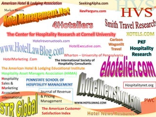 American Hotel & Lodging Association
 Market Metrix




   The Center for Hospitality Research at Cornell University
                  Hotelrevenuetools.com                                             PKF
                                       HotelExecutive.com.
                                                                                 Hospitality
                                       Wharton – University of Pennsylvania       Research
HotelMarketing .Com            The International Society of
                                 Hospitality Consultants

Hospitality Asset Managers Association (HAMA)
Hospitality
Sales &                                                                       Hospitalitynet.org
Marketing
Association            Journal of Revenue
International          & Pricing
                       Management          WWW.HOTELSMAG.COM
                        The American Customer
                        Satisfaction Index
 