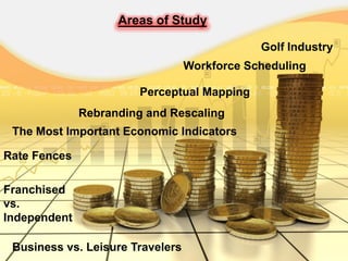 Areas of Study

                                              Golf Industry
                                  Workforce Scheduling

                        Perceptual Mapping
              Rebranding and Rescaling
 The Most Important Economic Indicators

Rate Fences

Franchised
vs.
Independent

 Business vs. Leisure Travelers
 