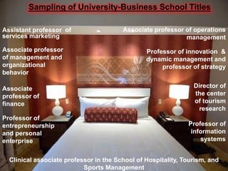 Sampling of University-Business School Titles

Assistant professor of                  Associate professor of operations
services marketing                                          management
Associate professor                             Professor of innovation &
of management and                               dynamic management and
organizational                                       professor of strategy
behavior

Associate                                                       Director of
professor of                                                    the center
finance                                                         of tourism
                                                                 research
Professor of
entrepreneurship                                              Professor of
and personal                                                   information
enterprise                                                        systems


  Clinical associate professor in the School of Hospitality, Tourism, and
                           Sports Management
 