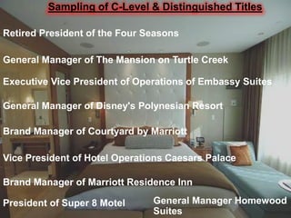 Sampling of C-Level & Distinguished Titles

Retired President of the Four Seasons

General Manager of The Mansion on Turtle Creek

Executive Vice President of Operations of Embassy Suites

General Manager of Disney's Polynesian Resort

Brand Manager of Courtyard by Marriott

Vice President of Hotel Operations Caesars Palace

Brand Manager of Marriott Residence Inn

President of Super 8 Motel     General Manager Homewood
                               Suites
 