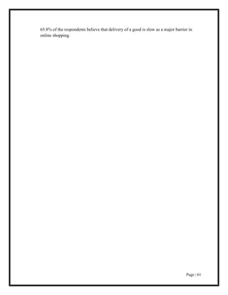 Page | 61
65.8% of the respondents believe that delivery of a good is slow as a major barrier in
online shopping.
 