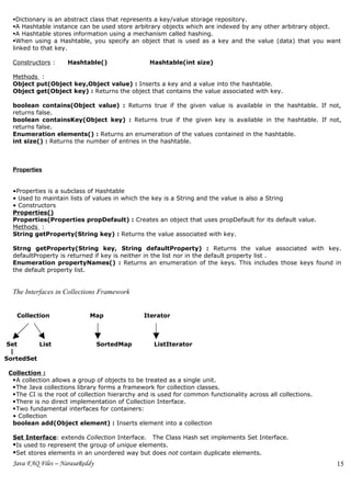 Dictionary is an abstract class that represents a key/value storage repository.
  A Hashtable instance can be used store arbitrary objects which are indexed by any other arbitrary object.
  A Hashtable stores information using a mechanism called hashing.
  When using a Hashtable, you specify an object that is used as a key and the value (data) that you want
  linked to that key.

  Constructors :     Hashtable()                 Hashtable(int size)

  Methods :
  Object put(Object key,Object value) : Inserts a key and a value into the hashtable.
  Object get(Object key) : Returns the object that contains the value associated with key.

  boolean contains(Object value) : Returns true if the given value is available in the hashtable. If not,
  returns false.
  boolean containsKey(Object key) : Returns true if the given key is available in the hashtable. If not,
  returns false.
  Enumeration elements() : Returns an enumeration of the values contained in the hashtable.
  int size() : Returns the number of entries in the hashtable.



  Properties


  •Properties is a subclass of Hashtable
  • Used to maintain lists of values in which the key is a String and the value is also a String
  • Constructors
  Properties()
  Properties(Properties propDefault) : Creates an object that uses propDefault for its default value.
  Methods :
  String getProperty(String key) : Returns the value associated with key.

  Strng getProperty(String key, String defaultProperty) : Returns the value associated with key.
  defaultProperty is returned if key is neither in the list nor in the default property list .
  Enumeration propertyNames() : Returns an enumeration of the keys. This includes those keys found in
  the default property list.


  The Interfaces in Collections Framework


   Collection                Map               Iterator



Set       List                   SortedMap         ListIterator
 |
SortedSet

 Collection :
  A collection allows a group of objects to be treated as a single unit.
  The Java collections library forms a framework for collection classes.
  The CI is the root of collection hierarchy and is used for common functionality across all collections.
  There is no direct implementation of Collection Interface.
  Two fundamental interfaces for containers:
  • Collection
  boolean add(Object element) : Inserts element into a collection

  Set Interface: extends Collection Interface. The Class Hash set implements Set Interface.
  Is used to represent the group of unique elements.
  Set stores elements in an unordered way but does not contain duplicate elements.
  Java FAQ Files – NarasaReddy                                                                               15
 