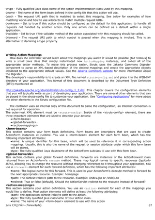 otype - Fully qualified Java class name of the Action implementation class used by this mapping.
oname - The name of the form bean defined in the config file that this action will use.
opath - The request URI path that is matched to select this mapping. See below for examples of how
matching works and how to use wildcards to match multiple request URIs.
ounknown - Set to true if this action should be configured as the default for this application, to handle all
requests not handled by another action. Only one action can be defined as a default within a single
application.
ovalidate - Set to true if the validate method of the action associated with this mapping should be called.
oforward - The request URI path to which control is passed when this mapping is invoked. This is an
alternative to declaring a type property.




Writing Action Mappings
    How does the controller servlet learn about the mappings you want? It would be possible (but tedious) to
write a small Java class that simply instantiated new ActionMapping instances, and called all of the
appropriate setter methods. To make this process easier, Struts uses the Jakarta Commons Digester
component to parse an XML-based description of the desired mappings and create the appropriate objects
initialized to the appropriate default values. See the Jakarta Commons website for more information about
the Digester.
The developer's responsibility is to create an XML file named struts-config.xml and place it in the WEB-INF
directory of your application. This format of this document is described by the Document Type Definition
(DTD) maintained at

http://jakarta.apache.org/struts/dtds/struts-config_1_2.dtd. This chapter covers the configuration elements
that you will typically write as part of developing your application. There are several other elements that can
be placed in the struts-config file to customize your application. See "Configuring Applications" for more about
the other elements in the Struts configuration file.

    The controller uses an internal copy of this document to parse the configuration; an Internet connection is
not required for operation.
The outermost XML element must be <struts-config>. Inside of the <struts-config> element, there are
three important elements that are used to describe your actions:
     •<form-beans>
     •<global-forwards>
     •<action-mappings>
<form-beans>
This section contains your form bean definitions. Form beans are descriptors that are used to create
ActionForm instances at runtime. You use a <form-bean> element for each form bean, which has the
following important attributes:
     •name: A unique identifier for this bean, which will be used to reference it in corresponding action
     mappings. Usually, this is also the name of the request or session attribute under which this form bean
     will be stored.
     •type: The fully-qualified Java classname of the ActionForm subclass to use with this form bean.
<global-forwards>
This section contains your global forward definitions. Forwards are instances of the ActionForward class
returned from an ActionForm's execute method. These map logical names to specific resources (typically
JSPs), allowing you to change the resource without changing references to it throughout your application. You
use a <forward> element for each forward definition, which has the following important attributes:
     •name: The logical name for this forward. This is used in your ActionForm's execute method to forward to
     the next appropriate resource. Example: homepage
     •path: The context relative path to the resource. Example: /index.jsp or /index.do
     •redirect: True or false (default). Should the ActionServlet redirect to the resource instead of forward?
<action-mappings>
This section contains your action definitions. You use an <action> element for each of the mappings you
would like to define. Most action elements will define at least the following attributes:
     •path: The application context-relative path to the action.
     •type: The fully qualified java classname of your Action class.
     •name: The name of your <form-bean> element to use with this action
Java FAQ Files – NarasaReddy                                                                                  67
 
