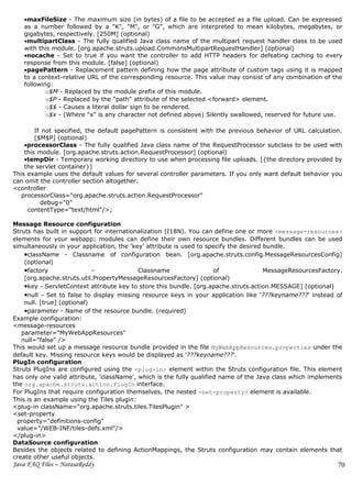 •maxFileSize - The maximum size (in bytes) of a file to be accepted as a file upload. Can be expressed
   as a number followed by a "K", "M", or "G", which are interpreted to mean kilobytes, megabytes, or
   gigabytes, respectively. [250M] (optional)
   •multipartClass - The fully qualified Java class name of the multipart request handler class to be used
   with this module. [org.apache.struts.upload.CommonsMultipartRequestHandler] (optional)
   •nocache - Set to true if you want the controller to add HTTP headers for defeating caching to every
   response from this module. [false] (optional)
   •pagePattern - Replacement pattern defining how the page attribute of custom tags using it is mapped
   to a context-relative URL of the corresponding resource. This value may consist of any combination of the
   following:
           o$M - Replaced by the module prefix of this module.
           o$P - Replaced by the "path" attribute of the selected <forward> element.
           o$$ - Causes a literal dollar sign to be rendered.
           o$x - (Where "x" is any character not defined above) Silently swallowed, reserved for future use.

        If not specified, the default pagePattern is consistent with the previous behavior of URL calculation.
        [$M$P] (optional)
    •processorClass - The fully qualified Java class name of the RequestProcessor subclass to be used with
    this module. [org.apache.struts.action.RequestProcessor] (optional)
    •tempDir - Temporary working directory to use when processing file uploads. [{the directory provided by
    the servlet container}]
This example uses the default values for several controller parameters. If you only want default behavior you
can omit the controller section altogether.
<controller
   processorClass="org.apache.struts.action.RequestProcessor"
          debug="0"
     contentType="text/html"/>;

Message Resource configuration
Struts has built in support for internationalization (I18N). You can define one or more <message-resources>
elements for your webapp; modules can define their own resource bundles. Different bundles can be used
simultaneously in your application, the 'key' attribute is used to specify the desired bundle.
    •className - Classname of configuration bean. [org.apache.struts.config.MessageResourcesConfig]
    (optional)
    •factory                -              Classname                  of               MessageResourcesFactory.
    [org.apache.struts.util.PropertyMessageResourcesFactory] (optional)
    •key - ServletContext attribute key to store this bundle. [org.apache.struts.action.MESSAGE] (optional)
    •null - Set to false to display missing resource keys in your application like '???keyname???' instead of
    null. [true] (optional)
    •parameter - Name of the resource bundle. (required)
Example configuration:
<message-resources
   parameter="MyWebAppResources"
   null="false" />
This would set up a message resource bundle provided in the file MyWebAppResources.properties under the
default key. Missing resource keys would be displayed as '???keyname???'.
PlugIn configuration
Struts PlugIns are configured using the <plug-in> element within the Struts configuration file. This element
has only one valid attribute, 'className', which is the fully qualified name of the Java class which implements
the org.apache.struts.action.PlugIn interface.
For PlugIns that require configuration themselves, the nested <set-property> element is available.
This is an example using the Tiles plugin:
<plug-in className="org.apache.struts.tiles.TilesPlugin" >
<set-property
  property="definitions-config"
  value="/WEB-INF/tiles-defs.xml"/>
</plug-in>
DataSource configuration
Besides the objects related to defining ActionMappings, the Struts configuration may contain elements that
create other useful objects.
Java FAQ Files – NarasaReddy                                                                                 70
 