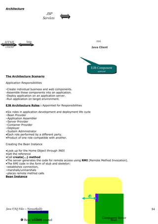 Architecture
                                 JSP
                               Servlets           Bean
                                                   s



HTML            http                                                 rmi
client                            J2EE Server                     Java Client




                                                                  EJB Component
                                                                      server
The Architecture Scenario

Application Responsibilities

-Create individual business and web components.
-Assemble these components into an application.
-Deploy application on an application server.
-Run application on target environment.

EJB Architecture Roles : Appointed for Responsibilities

•Six roles in application development and deployment life cycle
–Bean Provider
–Application Assembler
–Server Provider
–Container Provider
–Deployer
–System Administrator
•Each role performed by a different party.
•Product of one role compatible with another.

Creating the Bean Instance

•Look up for the Home Object through JNDI
•Get the reference
•Call create(…) method
•The server generates the code for remote access using RMI (Remote Method Invocation).
•The RMI code in the form of stub and skeleton:
                                              :
–establishes connection,
–marshals/unmarshals
–places remote method calls
Bean Instance




                                                             

Java FAQ Files – NarasaReddy                                                                  84


                    Client                                                 Component Server
            Bean Instance created                                             Bean
 