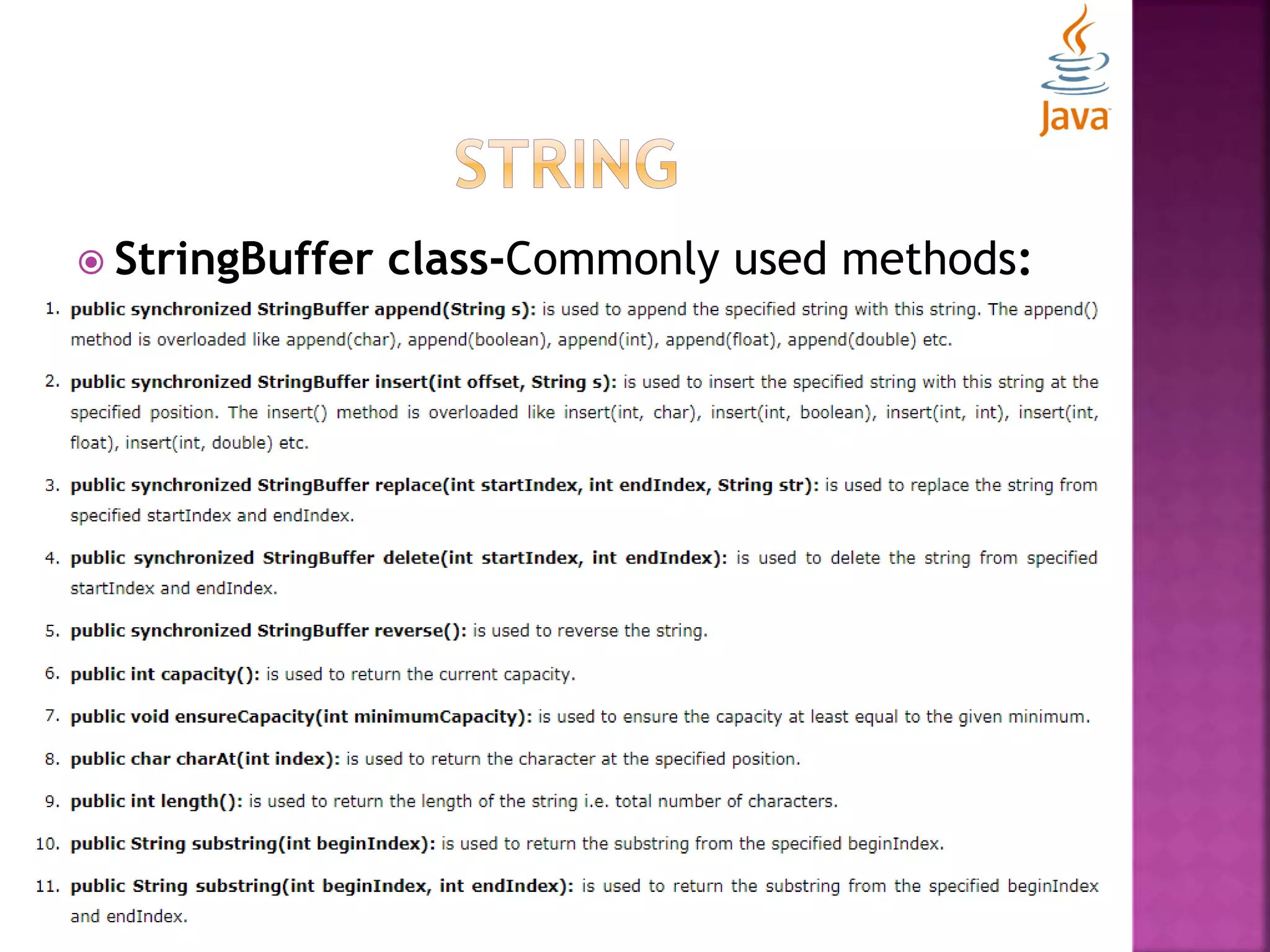  StringBuffer class-Commonly used methods: 