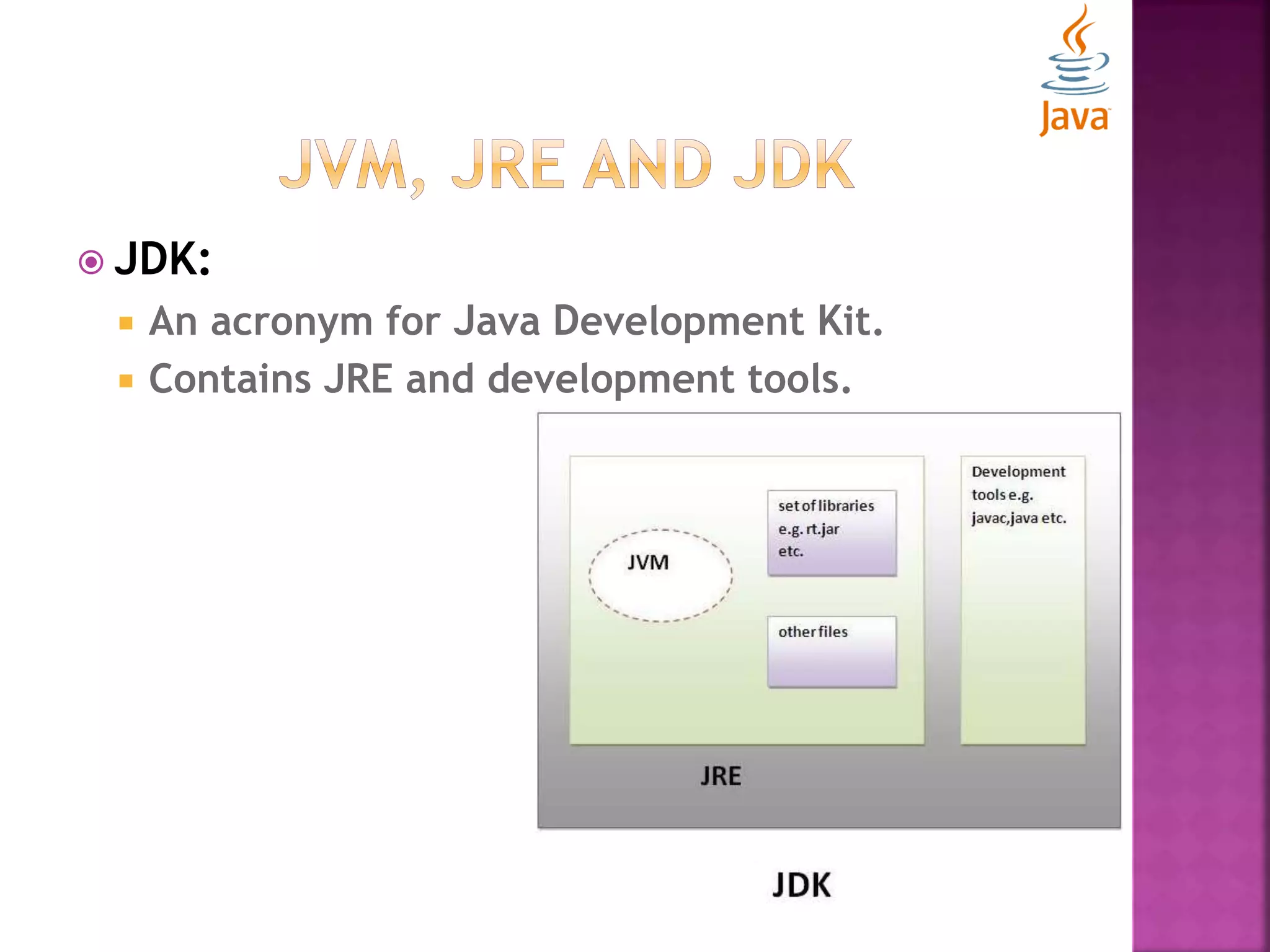  JDK:  An acronym for Java Development Kit.  Contains JRE and development tools. 