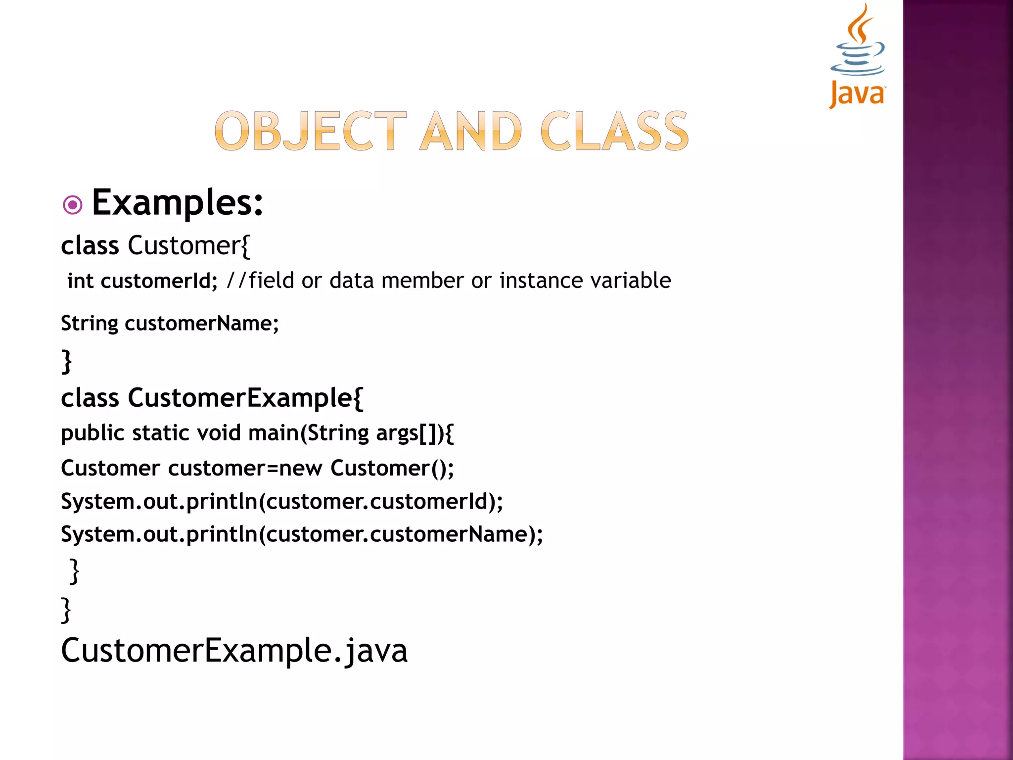  Examples: class Customer{ int customerId; //field or data member or instance variable String customerName; } class CustomerExample{ public static void main(String args[]){ Customer customer=new Customer(); System.out.println(customer.customerId); System.out.println(customer.customerName); } } CustomerExample.java 