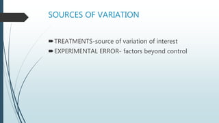 SOURCES OF VARIATION
TREATMENTS-source of variation of interest
EXPERIMENTAL ERROR- factors beyond control
 