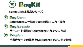 2
Salesforce向け製品シリーズ
Salesforceの一覧をExcel感覚で入力・操作
バーコード業務をSalesforceでカンタン作成
手書きサインの業務をSalesforceでカンタン管理
 
