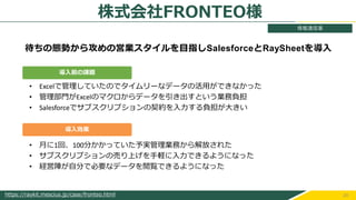 20
https://raykit.mescius.jp/case/fronteo.html
待ちの態勢から攻めの営業スタイルを目指しSalesforceとRaySheetを導入
• Excelで管理していたのでタイムリーなデータの活用ができなかった
• 管理部門がExcelのマクロからデータを引き出すという業務負担
• Salesforceでサブスクリプションの契約を入力する負担が大きい
導入前の課題
導入効果
• 月に1回、100分かかっていた予実管理業務から解放された
• サブスクリプションの売り上げを手軽に入力できるようになった
• 経営陣が自分で必要なデータを閲覧できるようになった
株式会社FRONTEO様
情報通信業
 