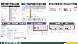28
作業ウィンドウ（Chatter連携＆長文編集）
関連オブジェクトの表示・編集 検索パネル（一覧を任意の条件で絞り込み）
ビューのフォルダ管理
データを効率的に参照する機能
列ヘッダの表示変更 多段列グループヘッダ
 