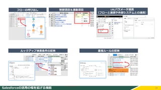 29
URLパラメータ連携
（フローと連携や外部システムとの連携）
Salesforceの活用の幅を拡げる機能
フローの呼び出し 制御項目＆連動項目
ルックアップ検索条件の反映 重複ルールの反映
 