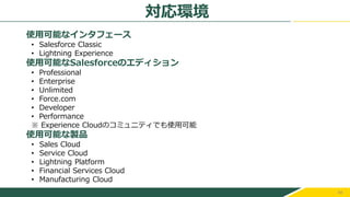 34
使用可能なインタフェース
• Salesforce Classic
• Lightning Experience
使用可能なSalesforceのエディション
• Professional
• Enterprise
• Unlimited
• Force.com
• Developer
• Performance
※ Experience Cloudのコミュニティでも使用可能
使用可能な製品
• Sales Cloud
• Service Cloud
• Lightning Platform
• Financial Services Cloud
• Manufacturing Cloud
対応環境
 